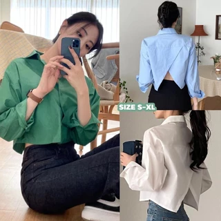 MIMI&DIDI#เสื้อเชิ้ตแขนยาว เสื้อแฟชั่นผู้หญิง ครอป คอปก แฟชั่นสไตล์เกาหลี ทรงหลวม ผ่าหลังและคอปก สำหรับผู้หญิง#W411