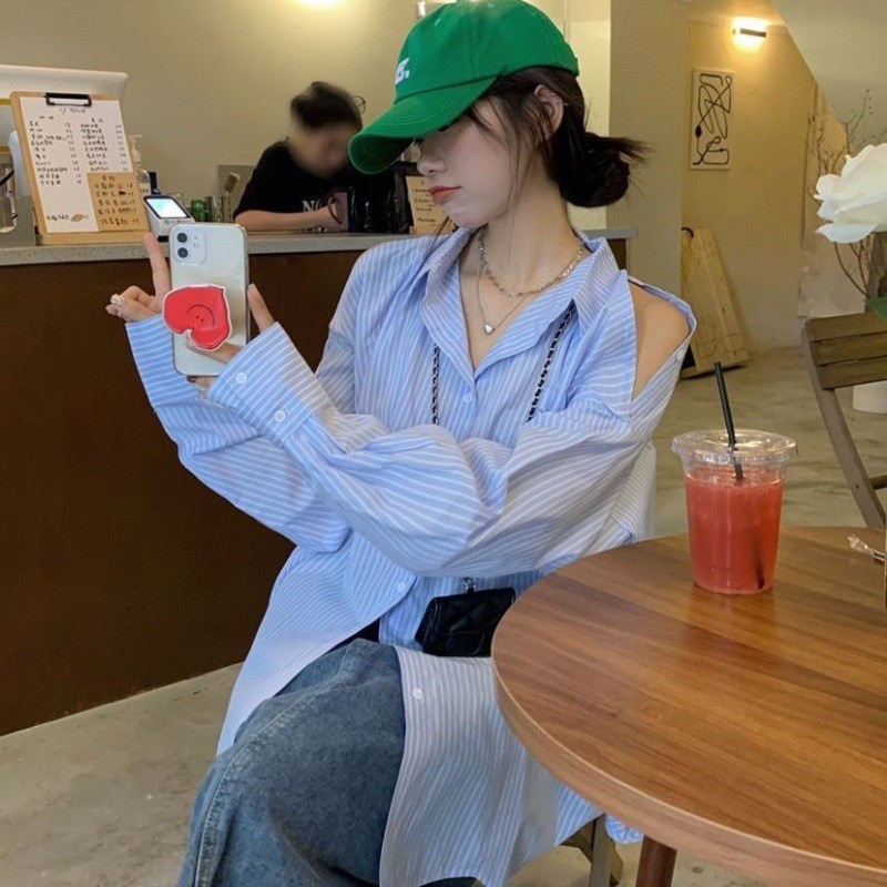 ผู้หญิงครีมกันแดดเสื้อบางลายเสื้อเชิ้ตแขนยาวสไตล์ฮ่องกงวินเทจออกแบบเสื้อเกาหลีหลวม