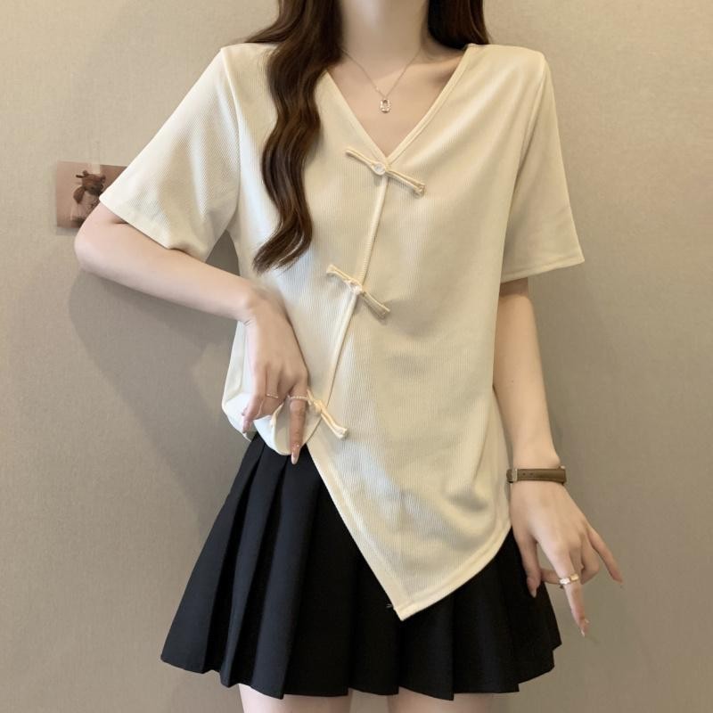 Oversize Tshirt(40-150kg) สไตล์จีน Retro Frog Irregular V Neck Tops Plain Plus Size Tเสื้อ
