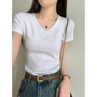 cherryshop🍒พร้อมส่ง เสื้อยืด เสื้อรัดรูป ผู้หญิงแฟชั่น แขนสั้นคอวี สีพื้น สไตล์เกาหลี ทรงเข้ารูปขั้นพื้นฐาน