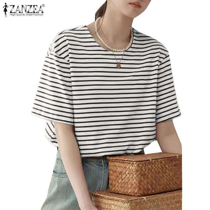 Zanzea เสื ้ อยืดหลวมแขนสั ้ นคอกลมลายลําลองผู ้ หญิงเกาหลี