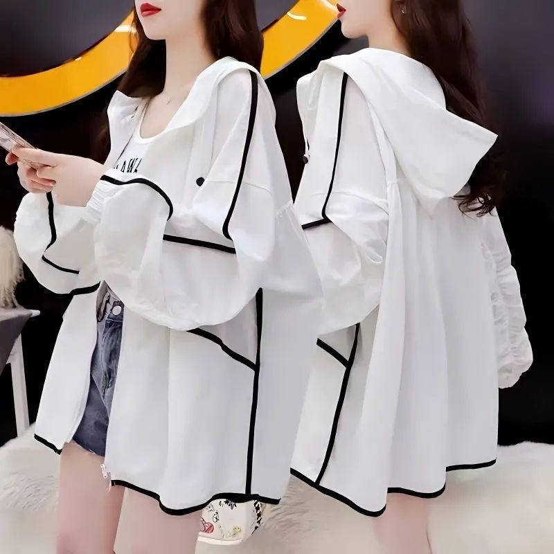 ทรงหลวม oversize มีฮู้ดเสื้อคาร์ดิแกน เหมาะกับฤดูร้อน เสื้อuv(สีขาว สีดำ)