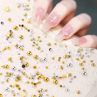 ลูกเหล็กตกแต่งเล็บ Golden Sliver Nail Art สติ๊กเกอร์ติดเล็บ Rhinestones 6Grid ครึ่งรอบ NIBIRUDU