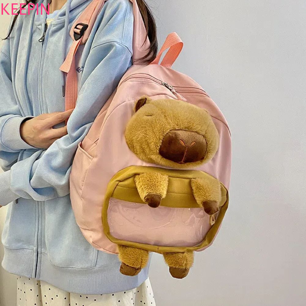 Keepin Capybara กระเป๋าเป้สะพายหลังตุ๊กตา,กระเป๋าเก็บความจุขนาดใหญ่ Capybara กระเป๋าสะพาย,แบบพกพาสไตล์เกาหลีตุ๊กตากระเป๋าถือการ์ตูนตุ๊กตาสัตว์กระเป๋านักเรียน