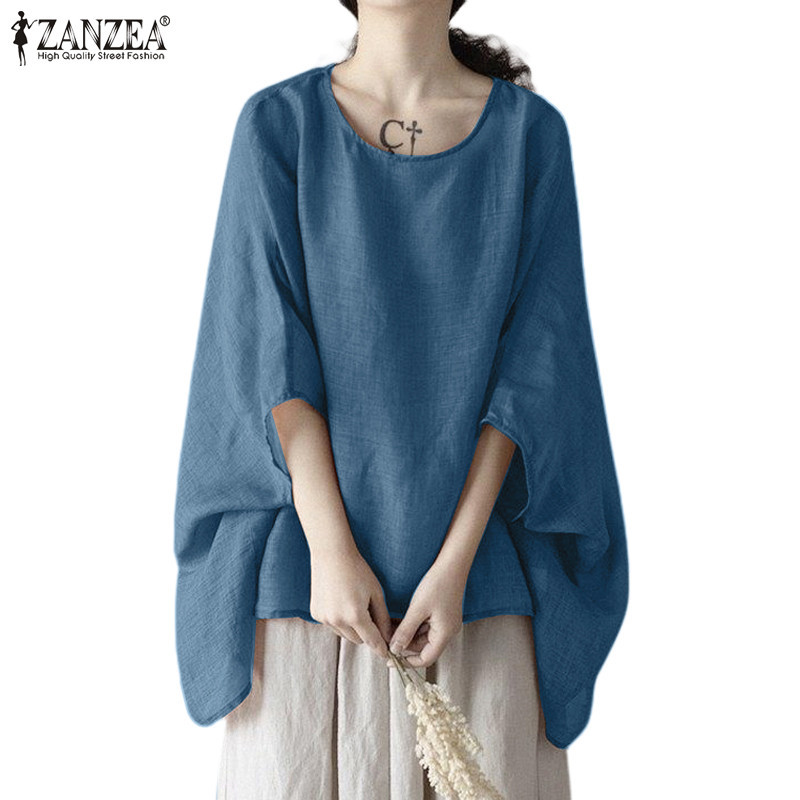ZANZEA ซานเซีย ผู้หญิงเกาหลีลําลองคอกลมแขนสามส่วนเสื้อหลวม