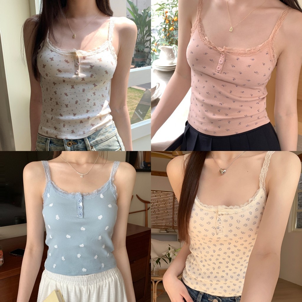 Evelyn เสื้อสายเดี่ยว มีฟองน้ำ หญิง ลายดอกไม้ ลูกไม้ ผ้านิ่มเด้ง เสื้อกล้าม น่ารัก ใส่ไปทะเล #FY9112-J
