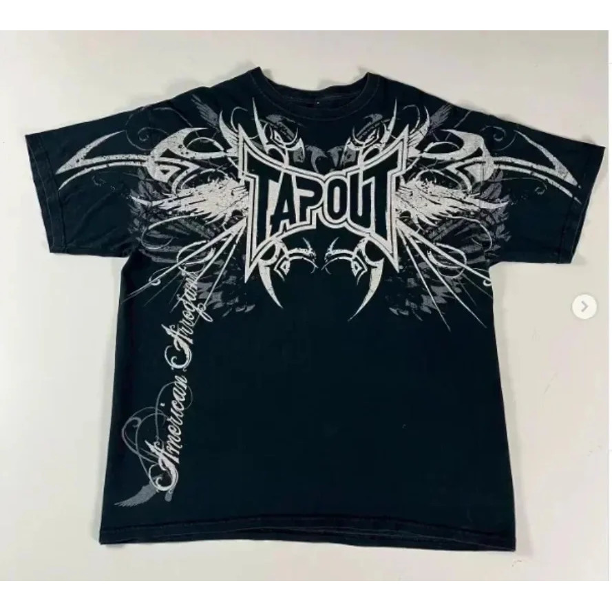 Street แฟชั่น Tapout เสื้อยืด Y2K ผู้ชาย Hip-hop รูปแบบตัวอักษรพิมพ์เสื้อผ้าขนาดใหญ่ Harajuku รอบคอแ