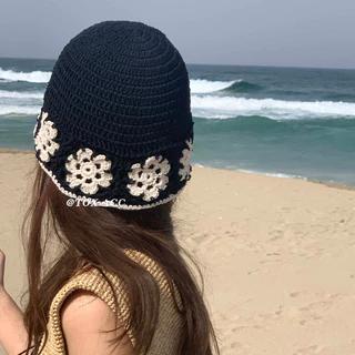 เกาหลี Niche Designer สไตล์ผ้าลินินด้ายฝ้ายสด Hand-Knitted Bucket Hat Hollow ถัก