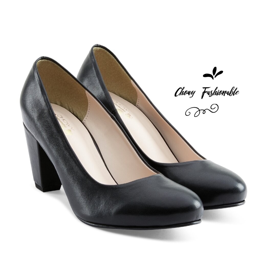 รองเท้าไซส์ใหญ่ 37-50 คัชชูส้นเตี้ย หัวกลม สูง 3 นิ้ว Minimal Classic Style Black สีดำ CHOWY CH0155BL