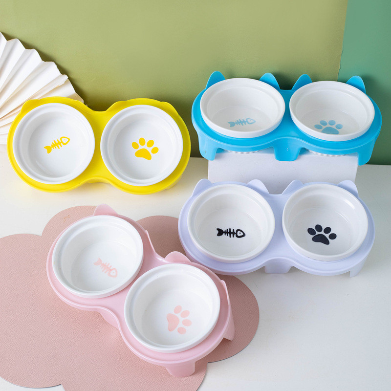 [Hot Sale]Cat Bowl Ceramic Double Bowl Water Bowl Protective Cervical Spine High Foot Oblique Cat Fo
