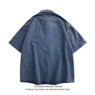 เสื้อเชิ้ตแขนสั้นวัยรุ่นผ้ายีนส์ เสื้อครึ่งแขนทรงหลวมและอเนกประสงค์อินเทรนด์
