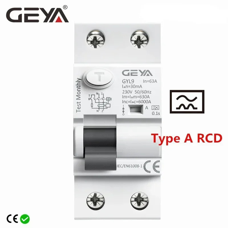 GEYA GYL9 ประเภท A RCD แม่เหล็กไฟฟ้า Residual Current Circuit Breaker AC ELCB 2 เสา 40A 63A 30mA RCCB