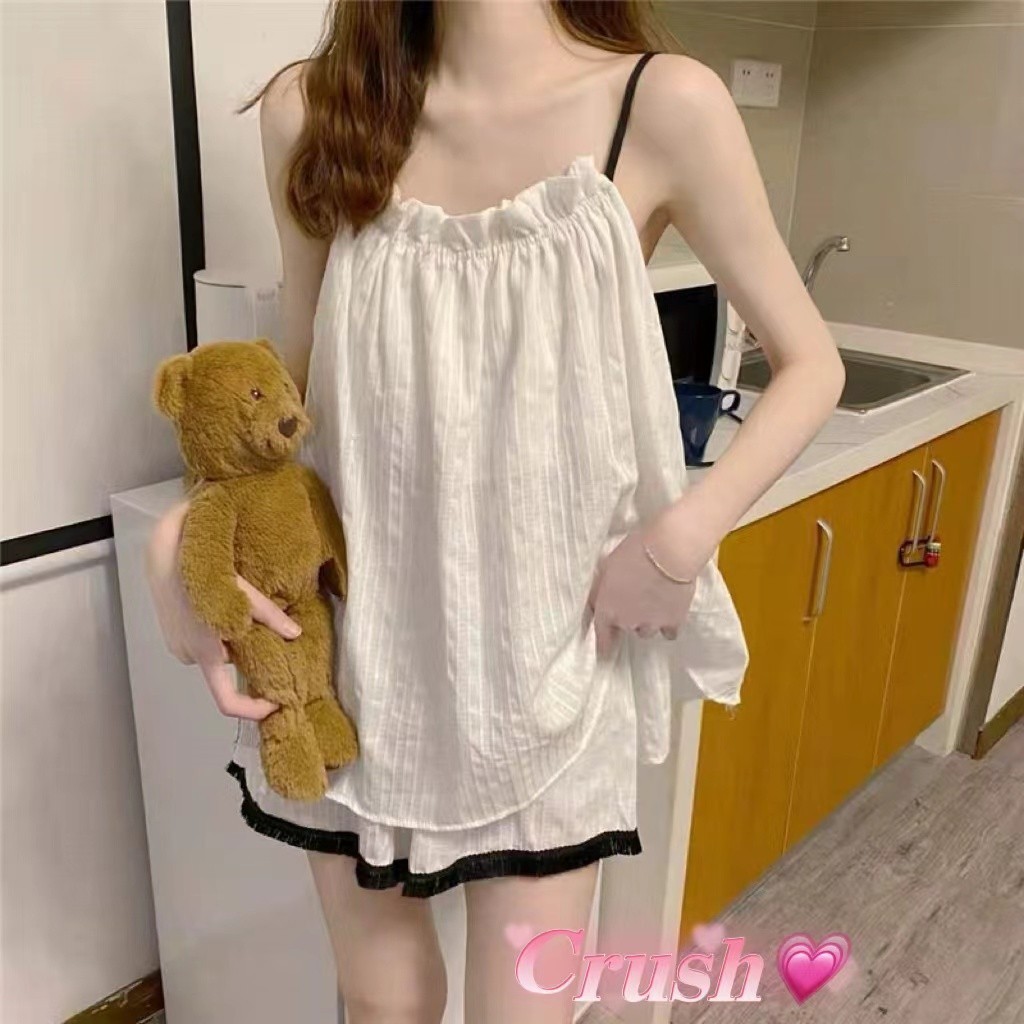 Crush💘 พร้อมส่งจากไทย🛒 ชุดนอนแบบเซ็ต เสื้อ+กางเกง ดีเทลขาวตัดขอบดำ มี3ไซส์ (SY-10)