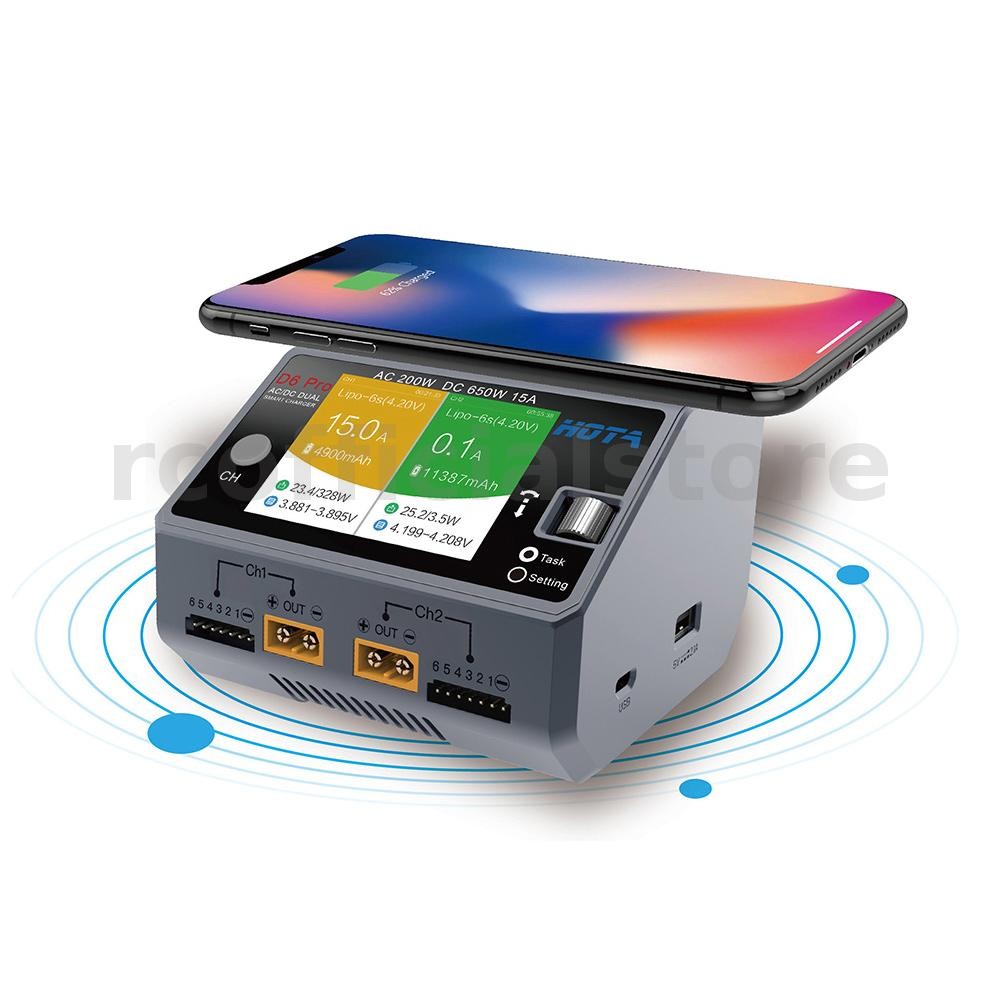 Hota D6 Pro AC 200W DC 650W 15A*2 Dual Channel Lipo Charger พร้อมชาร์จไร้สายสําหรับ NiZn/Nicd/NiMH แบตเตอรี่