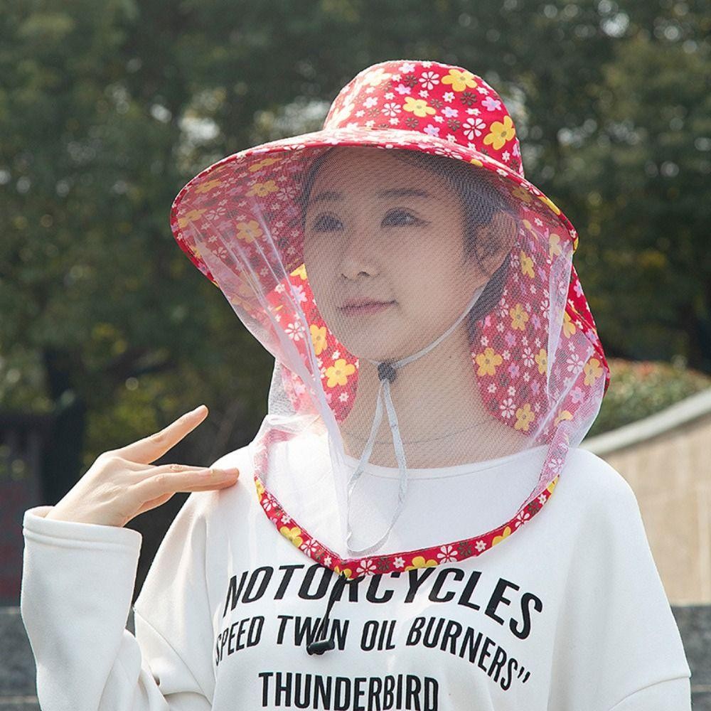 ชางไน หมวกกันแดดตกปลาปีกกว้างพร้อมหมวกกันยุงตาข่ายแฟชั่นดอกไม้ป้องกันรังสียูวีระบายอากาศหมวกถังกลางแจ้ง - รูปที่ 3