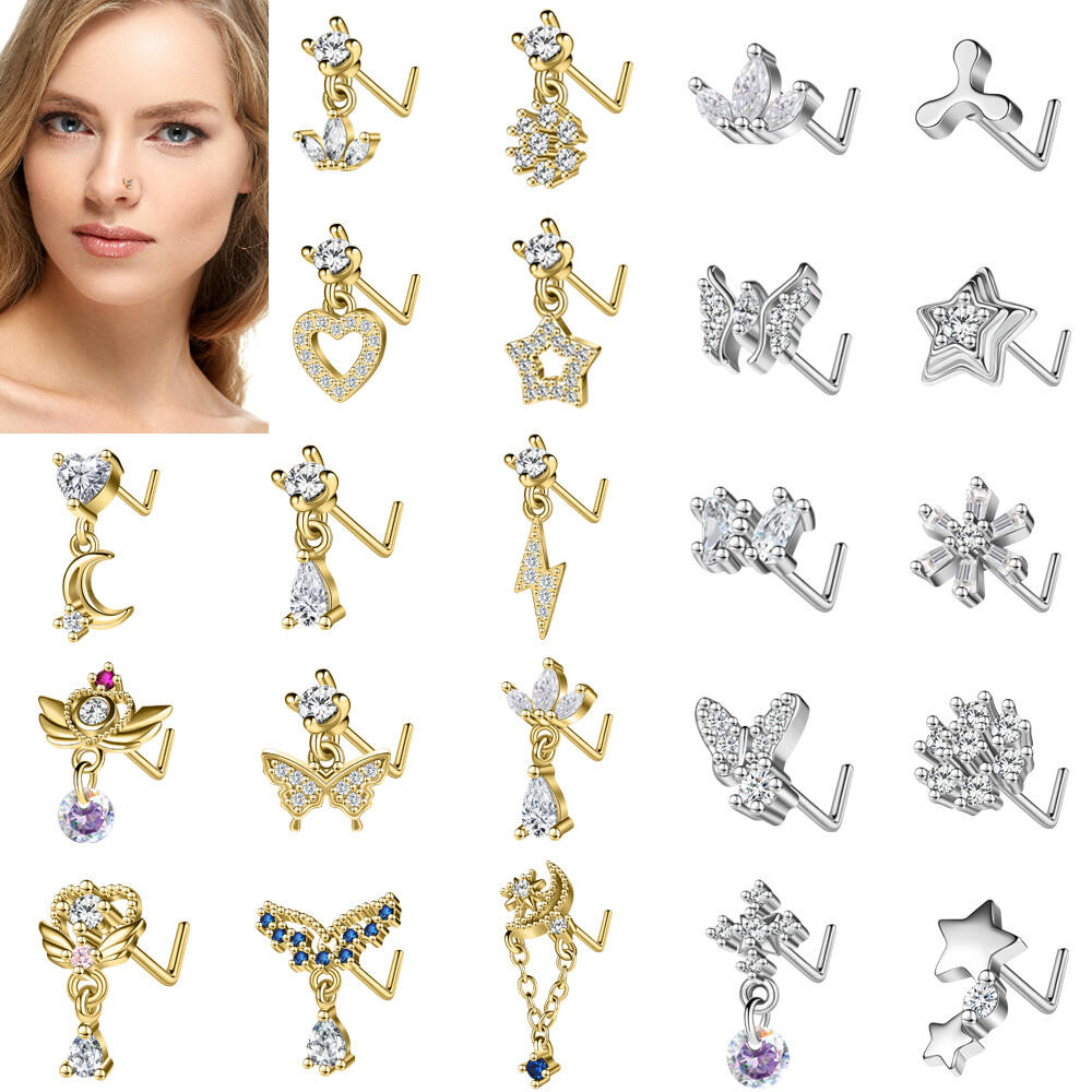 1 PC สแตนเลส Nostrail จมูกสตั๊ดเจาะ 20G L Drop จมูกสตั๊ดทองแดง Burrfly คริสตัล Nostrail เจาะ 7 มม.Dangle Nostril Stud สําหรับผู้หญิงและผู้ชายเงินทอง