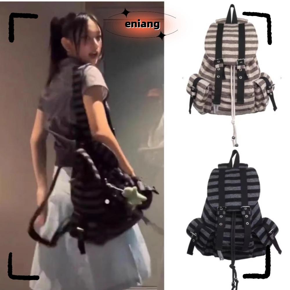 Eniang815 กระเป๋าเป้, กระเป๋าหนังสือความจุขนาดใหญ่สไตล์เกาหลี, กระเป๋าโท้ตลายแบนดีไซน์เชือกรูดแบบนุ่มแบบลําลอง