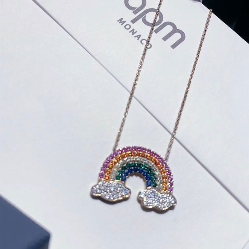 APM Monaco สร้อยคอเมฆสีรุ้งเพชรเต็มเพทาย 925 โซ่กระดูกไหปลาร้าเงินของขวัญวันเกิดแฟน