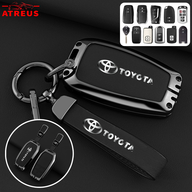เคสกุญแจสีดําหนังโลหะผสมสังกะสี ฝาครอบกุญแจเต็มวง สําหรับ Toyota Prius Fortuner Corolla Cross CHR Camry Wish Vios Veloz Estima Sienta Yaris Ativ Altis Hilux Revo bZ4X Hiace