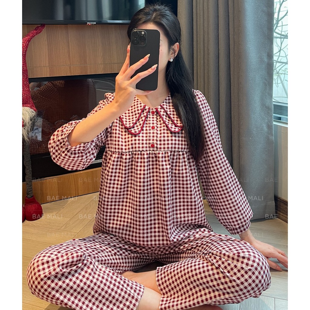 BAE MALI - SP763 เดรสบ้านคอปกคู่ลายทางสีแดง