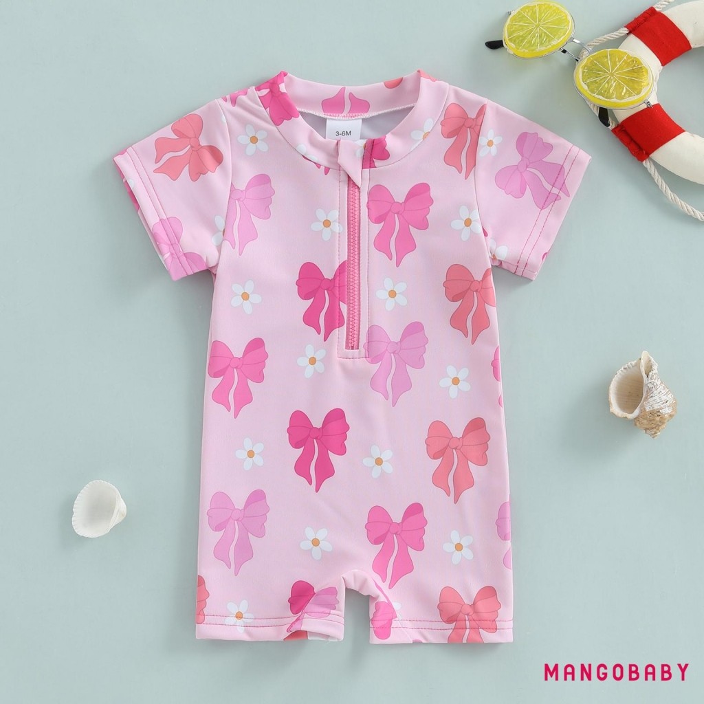 Mg-girls Rash Guard ชุดว่ายน้ําแขนสั้น O คอครึ่ง Zip Up ดอกไม้พิมพ์ว่ายน้ํา Romper