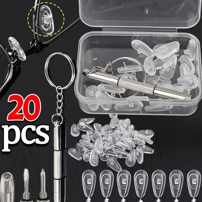 ชุดน็อตสกรู 20 ชิ้น – ชุดอุปกรณ์ซ่อมแว่นตา – แบบพกพา, กันลื่น – แผ่นซิลิโคนรองจมูก, ไขควง – ชุดซ่อมออปติคอลแว่นตา