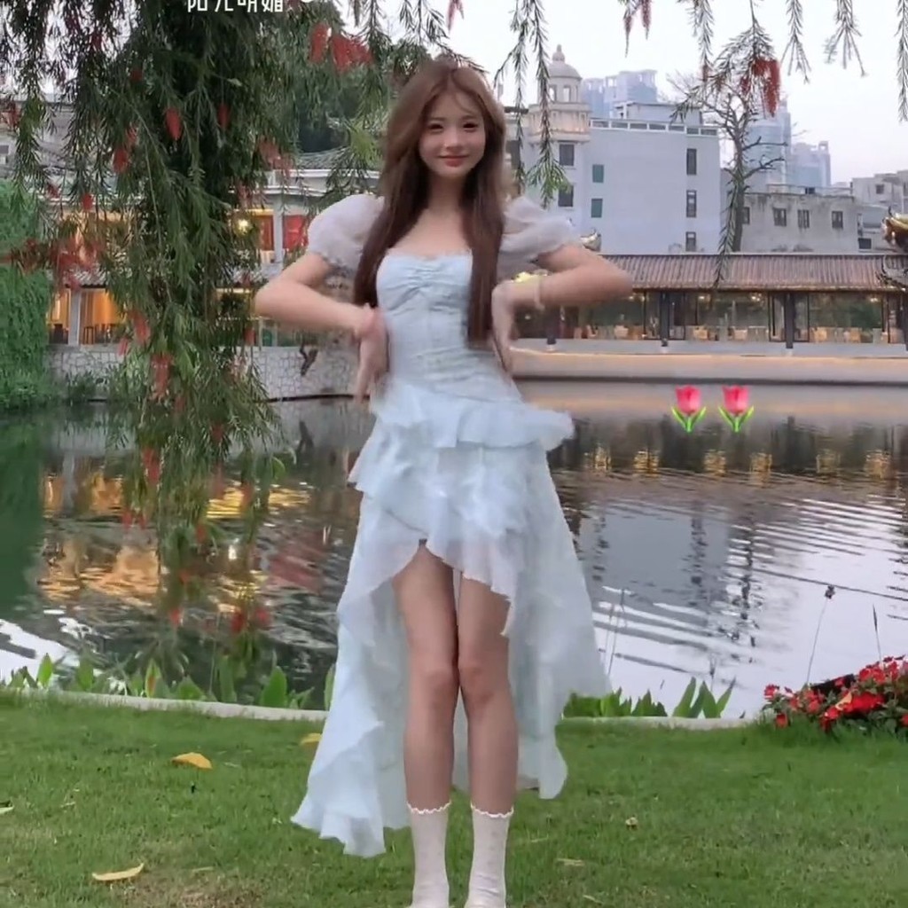 ส่งจากกรุงเทพฯ ฝรั่งเศส ฤดูร้อน แขนบิน ชุดเดรส หญิง กระโปรงหน้าสั้นและหลังยาวไม่สม่ำเสมอ