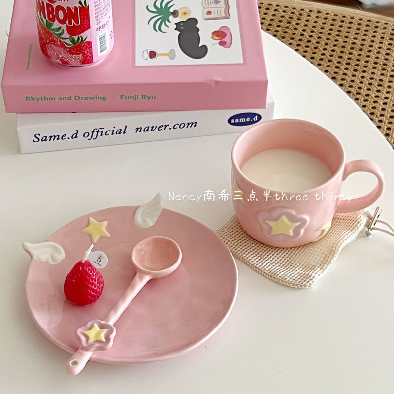 แก้วมักเซรามิก ลายซากุระ หัวใจ สีชมพู พร้อมช้อน สําหรับใส่กาแฟบ่าย
