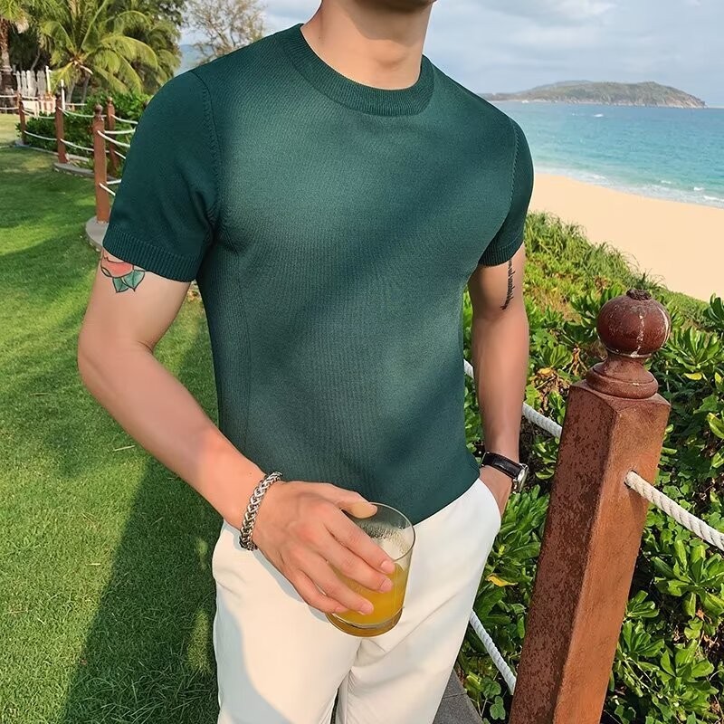 เสื้อยืดกันหนาว ผ้าเรยอนถัก ผ้าตาข่าย สไตล์เกาหลี แฟชั่นฤดูร้อน สําหรับผู้ชาย 2025