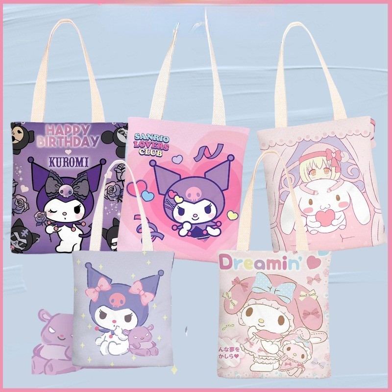 SANRIO กระเป๋าถือ ผ้าแคนวาส ลายการ์ตูน Kuromi Melody น่ารัก สําหรับเด็กผู้หญิง นักเรียน