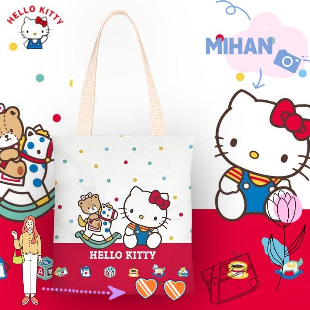 Mh กระเป๋าสะพายไหล่ กระเป๋าถือ ผ้าแคนวาส ลายการ์ตูนแมวคิตตี้ ความจุขนาดใหญ่ แบบพกพา สําหรับสตรี