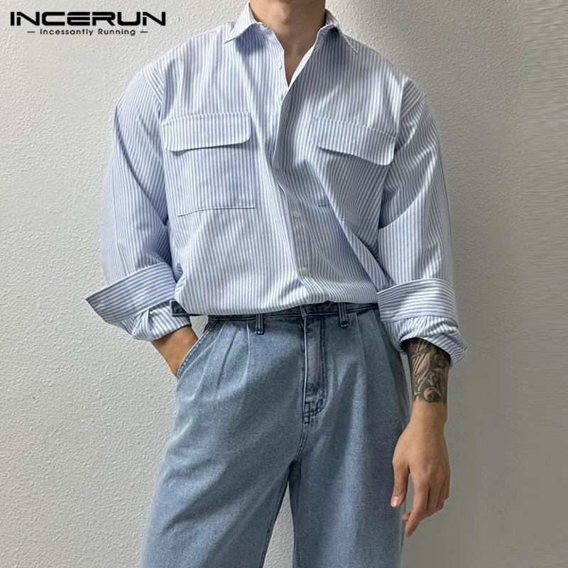 Incerun เสื้อเชิ้ตแขนยาว ลําลอง ลายทาง มีกระเป๋าคู่ สไตล์เกาหลี สําหรับผู้ชาย
