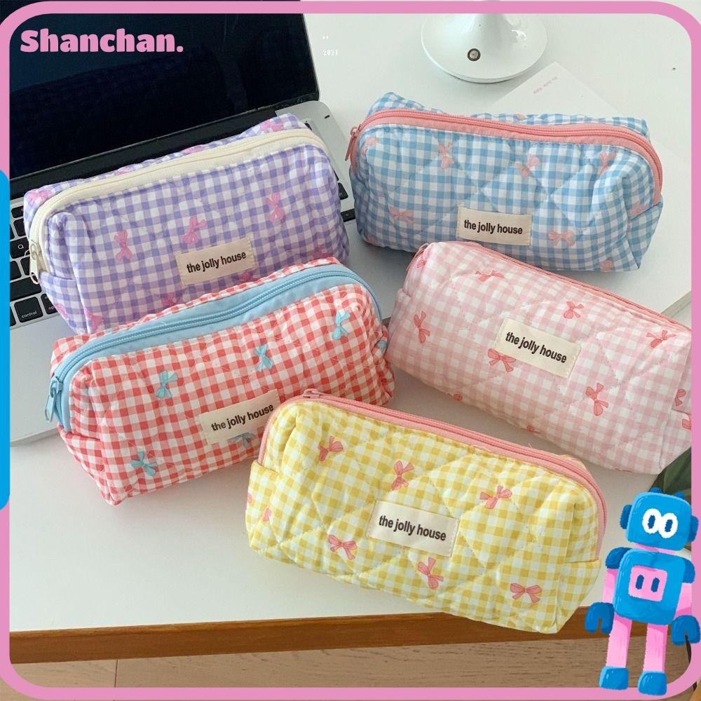 Shanchan กระเป๋าปากกา ลายดอกไม้ ประดับโบว์ ความจุขนาดใหญ่ สร้างสรรค์ สําหรับนักเรียน
