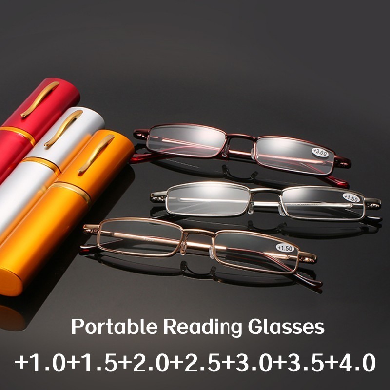 Vintage Mini แว่นตาอ่านหนังสือพับพร้อมกล่องแบบพกพากรอบ Presbyopia ปากกาแว่นตาผู้ชายผู้หญิงแว่นตา Prescription + 4.0