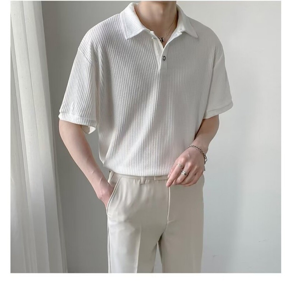 เสื้อโปโลชาย แขนสั้น สีขาว สไตล์เกาหลี สําหรับผู้ชาย