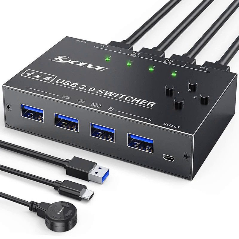 Kceve สวิตช์เลือก USB 3.0 4 พอร์ต สวิตช์ KVM แชร์คอมพิวเตอร์ 4 เครื่อง อุปกรณ์ USB 4 ชิ้น สวิตช์ USB สําหรับคีย์บอร์ด เมาส์