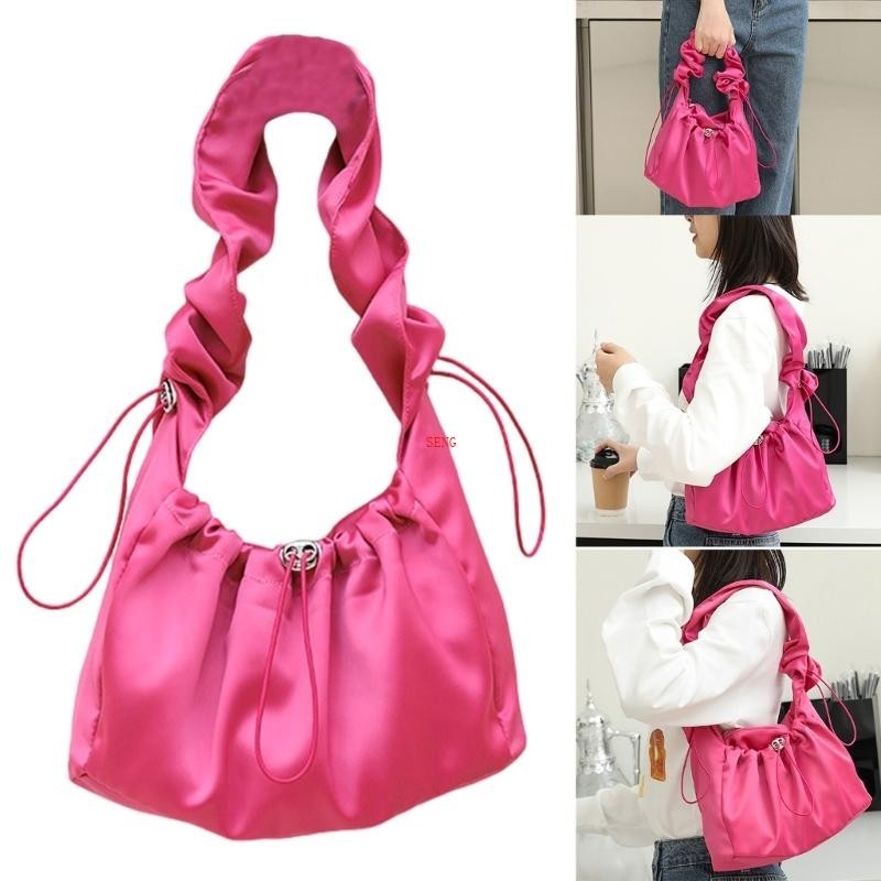 Seng Women Aesthetic Nylon Underarm Bag Pleated Ruched Drawstrings Shoulder Handbag