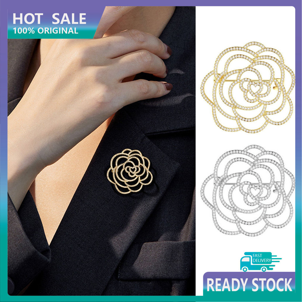 TRC Lady เข็มกลัด Camellia รูปร่าง Rhinestone Hollow Out Anti-slip กระเป๋าคอหมวกผ้าพันคอตกแต่งเสื้อผ