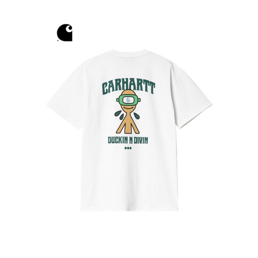 Corhartt เสื ้ อยืดแขนสั ้ นสําหรับผู ้ ชายสไตล ์ การ ์ ตูนใหม ่ ดําน ้ ําลายเป ็ ดพิมพ ์