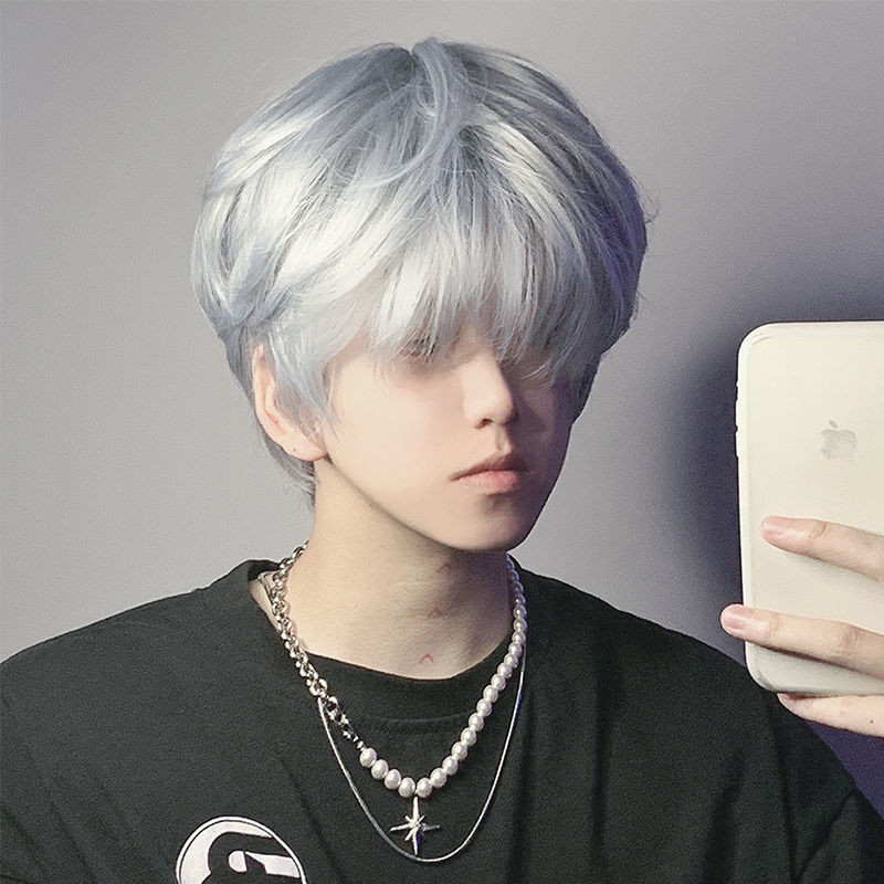 วิกผมชายผมสั้นเกาหลีรุ่นหล่อญี่ปุ่นชายเงินน้ำแข็งสีฟ้ายายสีเทาธรรมชาติประจำวันผู้ชายเต็มหัว