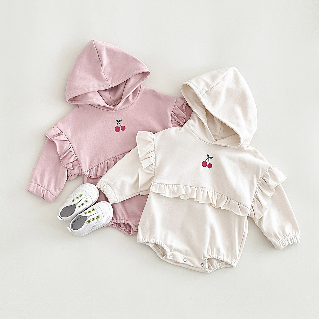 ทารกแรกเกิดเสื ้ อผ ้ าเด ็ กRomperหวานเชอร ์ รี ่ พิมพ ์ แขนยาวHooded Jumpsuitฤดูใบไม ้ ผลิฤดูใบไม ้ ร ่ วง