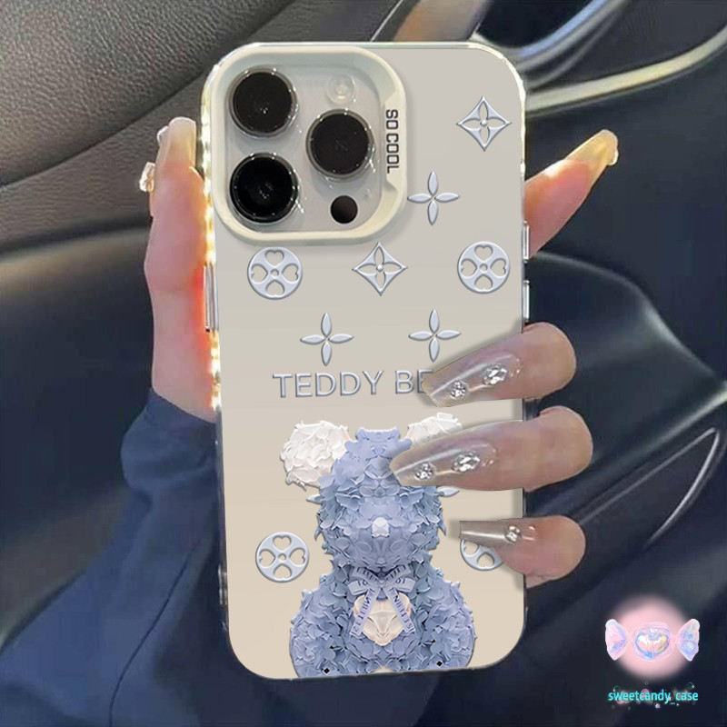 [จัดส่งในพื้นที่] เข้ากันได้กับiPhone 12 13 14 15 Pro MAX XR XS 6 7 8 Plus SE 2020 เคสโทรศัพท์มือถือสีเงินหมีสวยงาม case