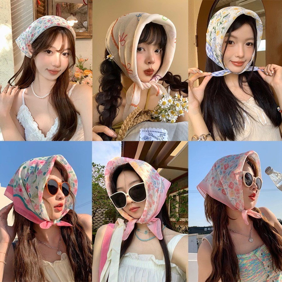 58เซนติเมตรฤดูร้อนพิมพ์ผ้าคลุมศีรษะหวานน่ารักผู้หญิงอเนกประสงค์ดอกไม้ผมวงตารางผ้าพันคอวันหยุดอุปกรณ์ผม
