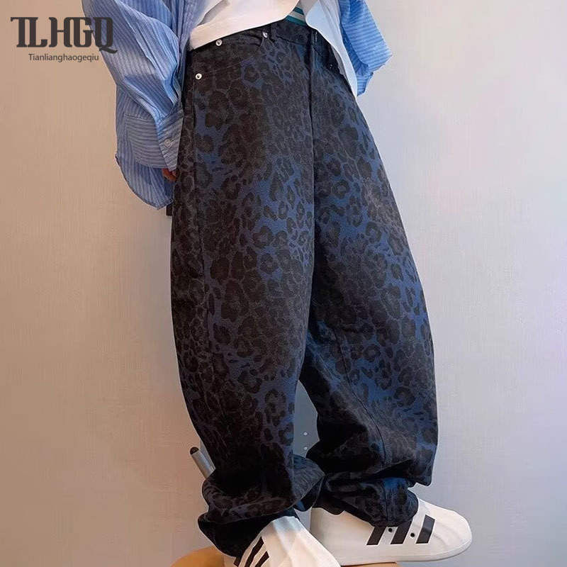 กางเกงแฟชั่นลายเสือดาวสำหรับผู้ชาย กางเกงลำลองตรง Vintage High Street Trend กางเกงฮิปฮอปอเมริกัน