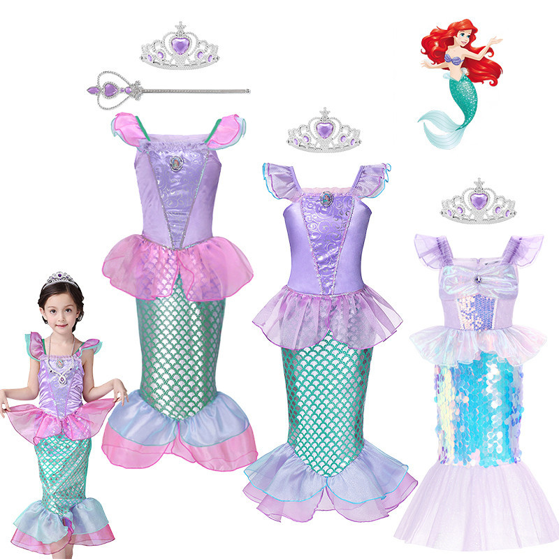 Disney Kids Ariel Princess Dress Girl คอสเพลย์เครื่องแต่งกายฮาโลวีน Carnival Birthday Party เสื้อผ้า