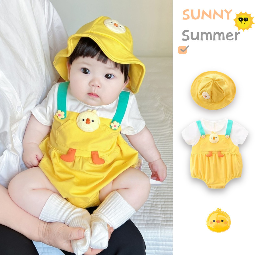 ฤดูร้อนใหม่เด็กทารกและเด็กผู้หญิงแขนสั้น Onesie 0-24 เดือนทารกแรกเกิดผ้าฝ้ายแท้ Splicing การ์ตูน Chick สามเหลี่ยม Romper