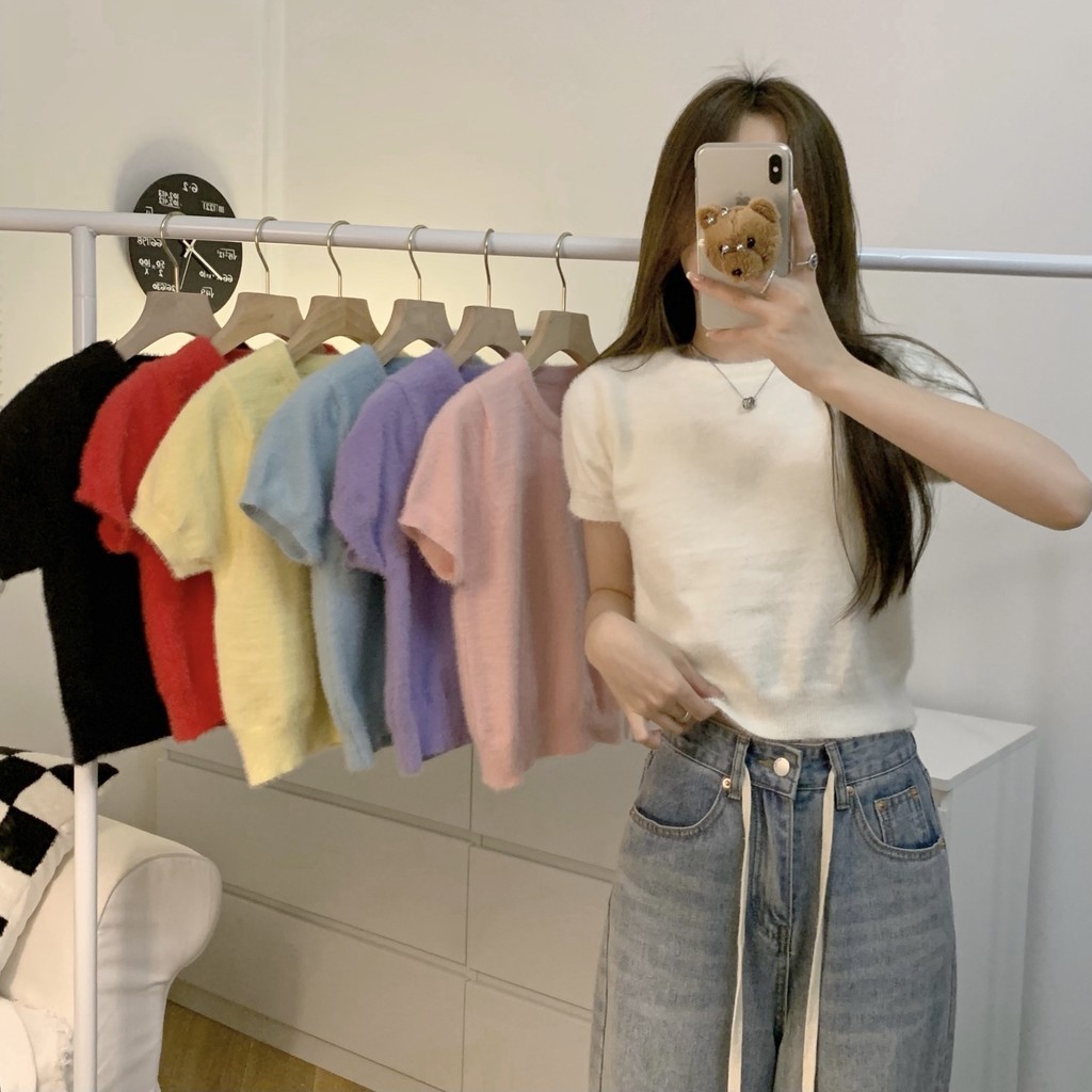 Dahong 80069 เสื้อครอปเเขนสัน(เอวลอย) เสื้อผ้าขนยาว คอกลม สีพื้น น่ารัก งานเกาหลี แบบเข้ารูป
