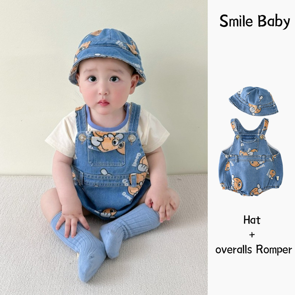 ฤดูร้อนใหม่เสื้อผ้าเด็กชายหญิงแขนกุดบอดี้สูทสายรัด + หมวก 0-24 เดือนเด็กทารกการ์ตูนหมี เดนิม ชุดรอมเปอร์ รวมหมวก