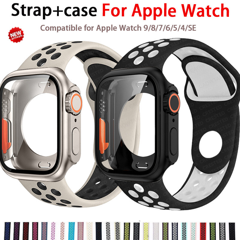 สายรัดซิลิโคนแบบสปอร์ต + เคสป้องกันแบบเต็มเข้ากันได้กับ แอปเปิล ดู 44 มม. 40 มม. 45 มม. 41 มม. ฉันดู ชุด 4 5 6 กับ 7 8 9