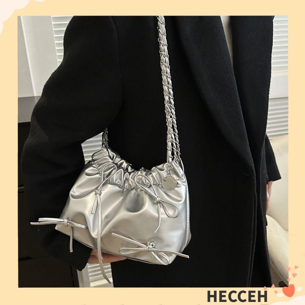 Hecceh Plain Pleated Bag, One-sided Pleated Design PU Leather Women 's Shoulder Bag, All-match Small Casual Plain Handbag Women